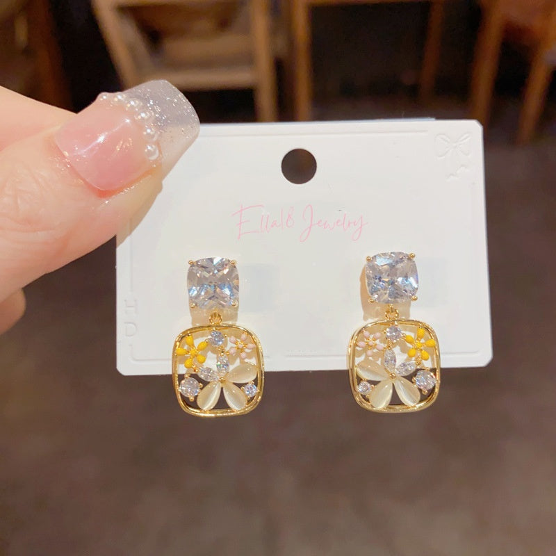 14K Gold-Plated Elegant Cat's Eye stone Flower Square Earrings