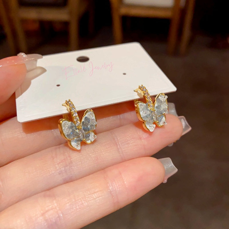 14K Gold-Plated Elegant Crystal Butterfly Pendant Pearl Earrings
