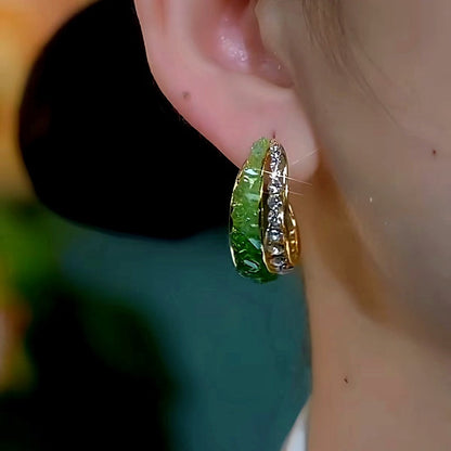 14K Gold-Plated Elegant Diamond-Encrusted Green Crystal Hoop Earrings