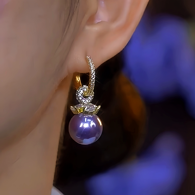 14K Gold-Plated Elegant Diamond-Studded Purple Pearl Earrings