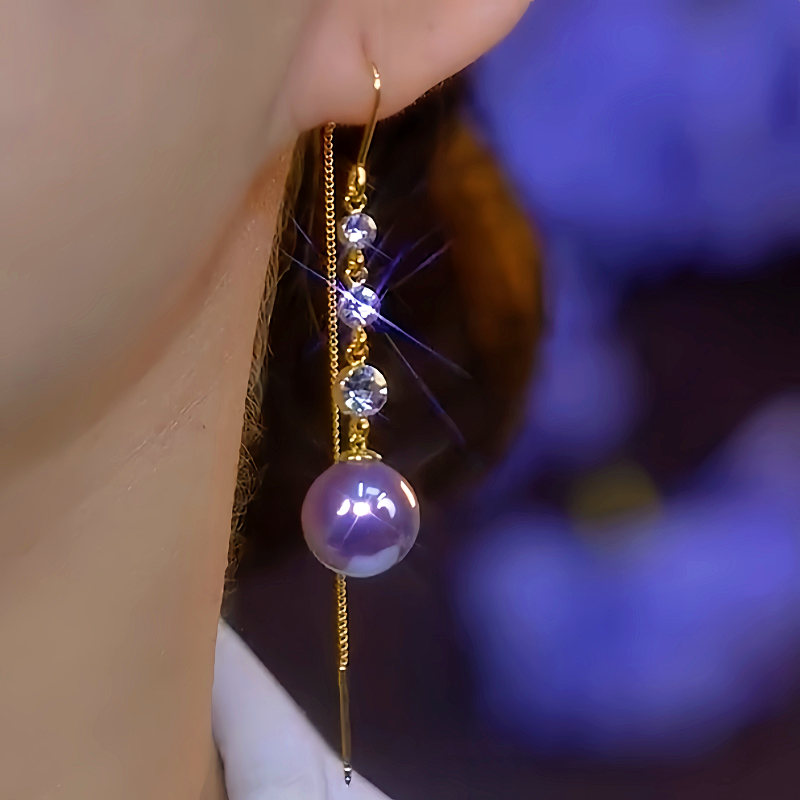 14K Gold-Plated Elegant Diamond-Studded Purple Pearl Threader Earrings