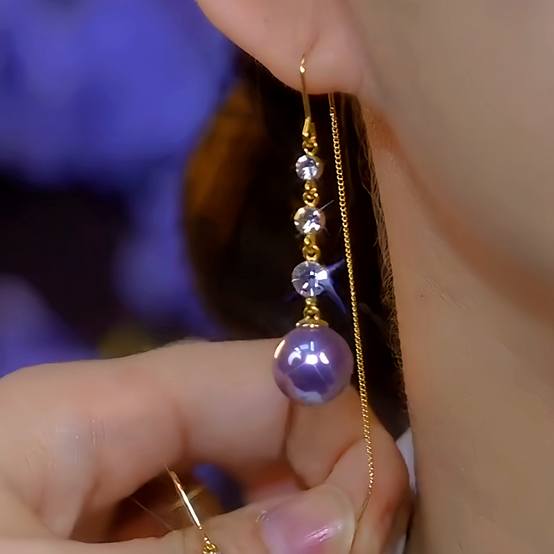 14K Gold-Plated Elegant Diamond-Studded Purple Pearl Threader Earrings