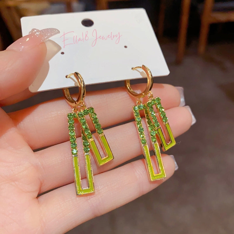 14K Gold-Plated Elegant Diamond-Studded Rectangular Oil-Drop Earrings
