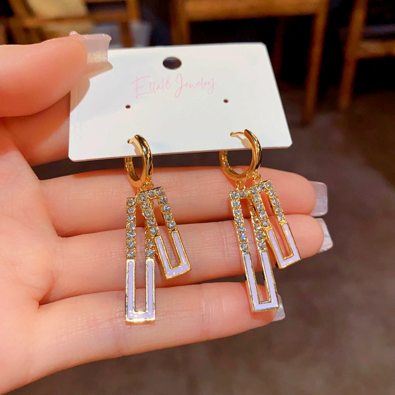 14K Gold-Plated Elegant Diamond-Studded Rectangular Oil-Drop Earrings