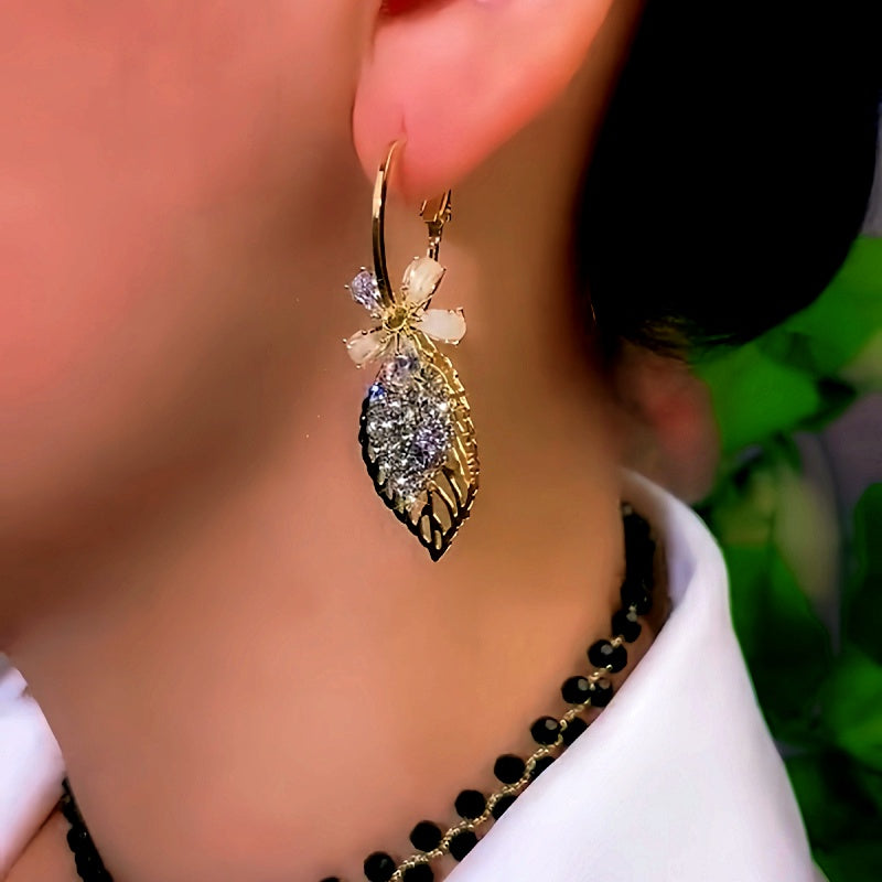 14K Gold-Plated Elegant Diamond Flower And Leaf Earrings