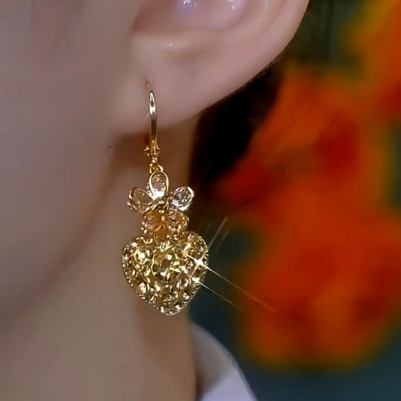 14K Gold-Plated Elegant Diamond Flower Heart Earrings