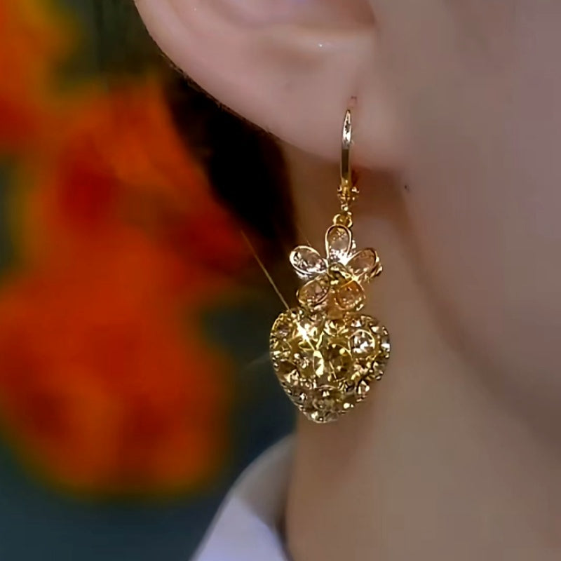 14K Gold-Plated Elegant Diamond Flower Heart Earrings
