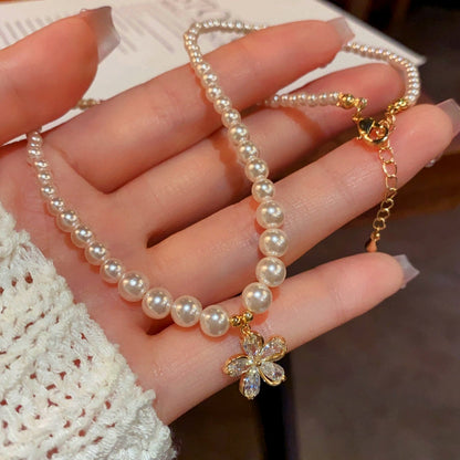 14K Gold-Plated Elegant Diamond Flower Pearl Necklaces