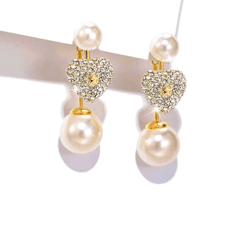 14K Gold-Plated Elegant Diamond Heart-Shaped Pearl Earrings