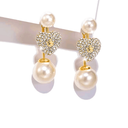 14K Gold-Plated Elegant Diamond Heart-Shaped Pearl Earrings