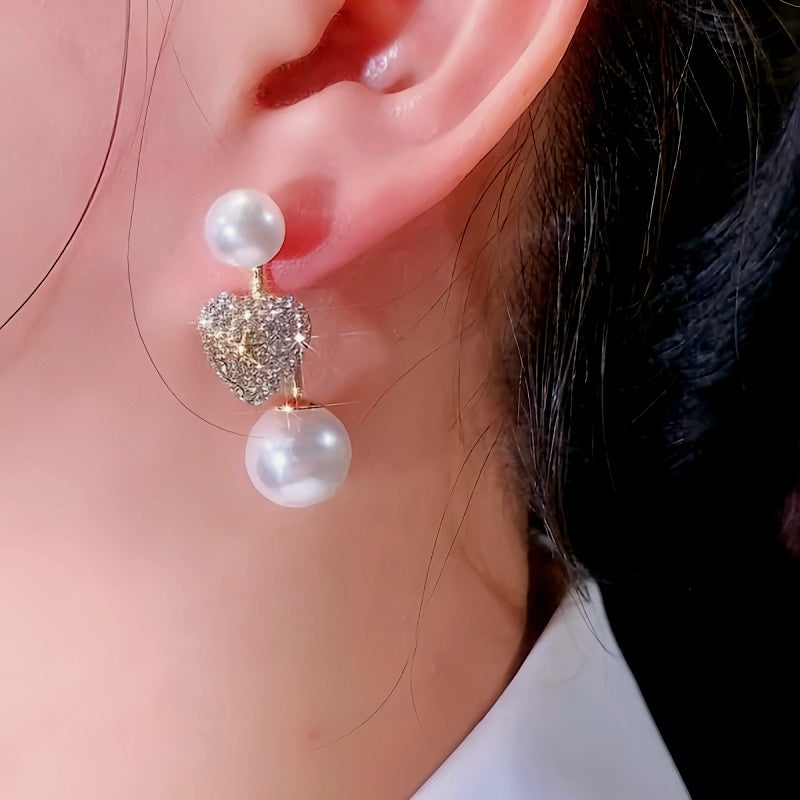 14K Gold-Plated Elegant Diamond Heart-Shaped Pearl Earrings