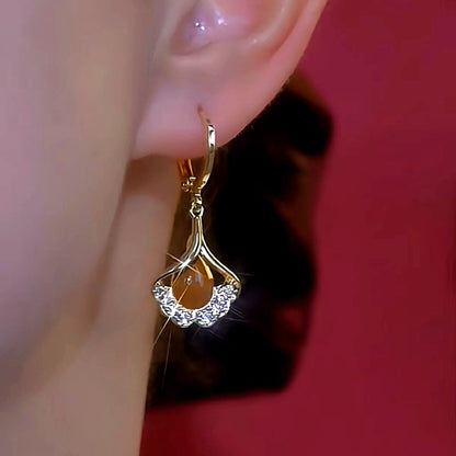 14K Gold-Plated Elegant Diamond Leaf Earrings