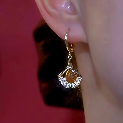 14K Gold-Plated Elegant Diamond Leaf Earrings