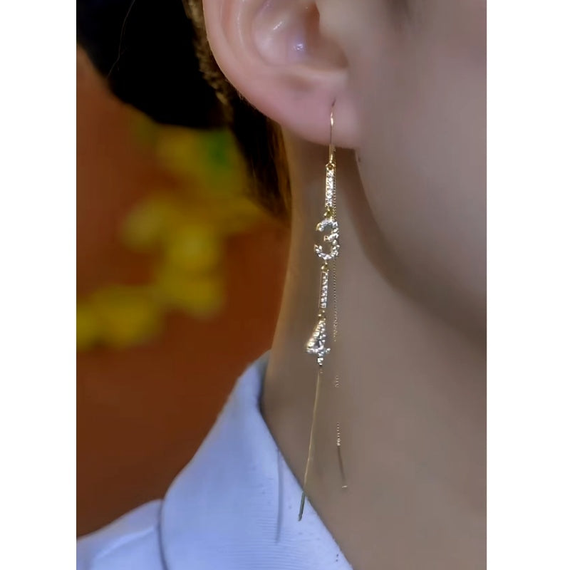 14K Gold-Plated Elegant Diamond Number Threader Tassel Earrings