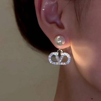 14K Gold-Plated Elegant Diamond V Letter Pearl Earrings