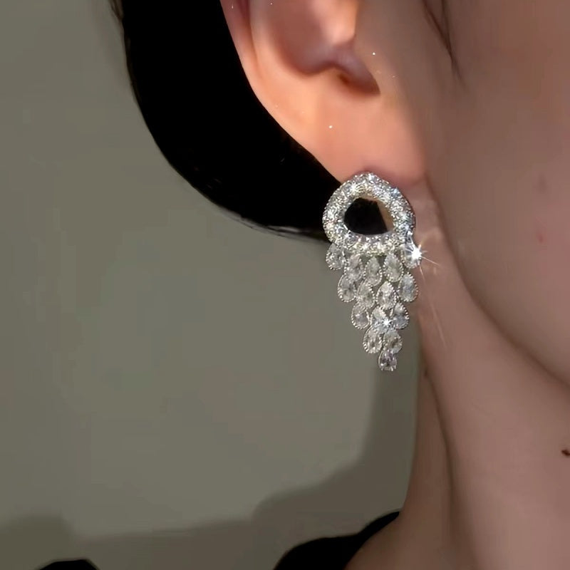 14K Gold-Plated Elegant Diamond Zircon Tassel Drop Earrings