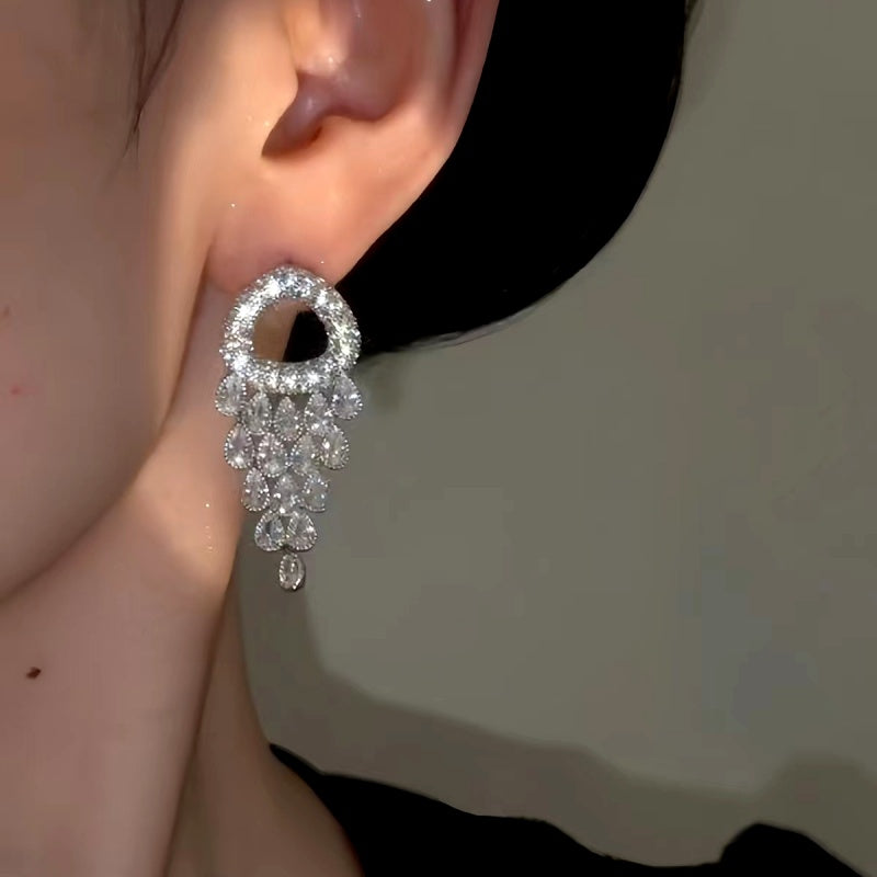 14K Gold-Plated Elegant Diamond Zircon Tassel Drop Earrings