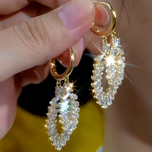 14K Gold-Plated Elegant Double-Layer Zircon Leaf Earrings