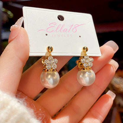 14K Gold-Plated Elegant Double-Sided Flower Pearl Earrings