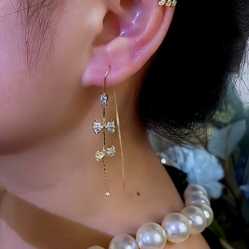 14K Gold-Plated Elegant Double Bow Tassel Threader Earrings
