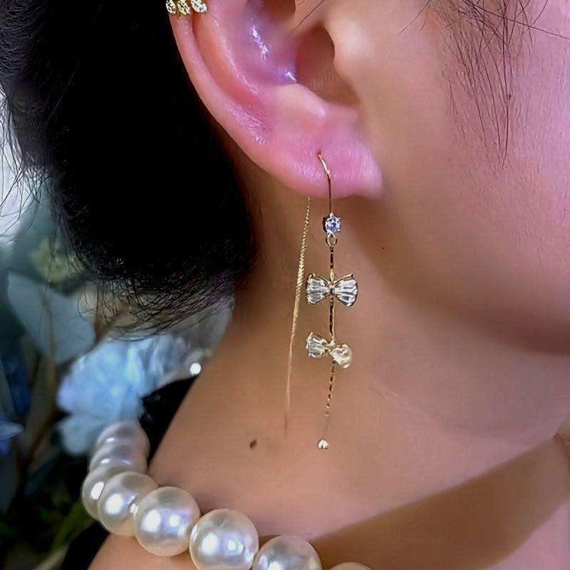 14K Gold-Plated Elegant Double Bow Tassel Threader Earrings