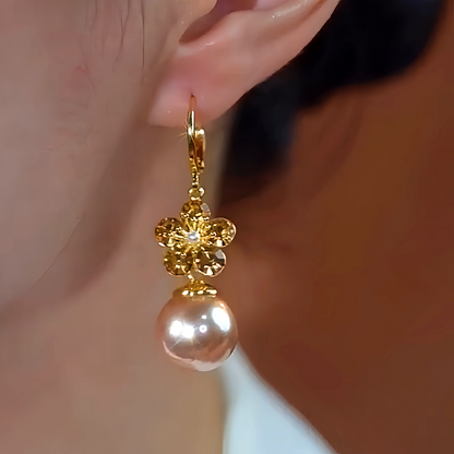 14K Gold-Plated Elegant Flower Champagne Pearl Earrings