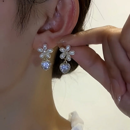 14K Gold-Plated Elegant Flower Crystal Heart Earrings