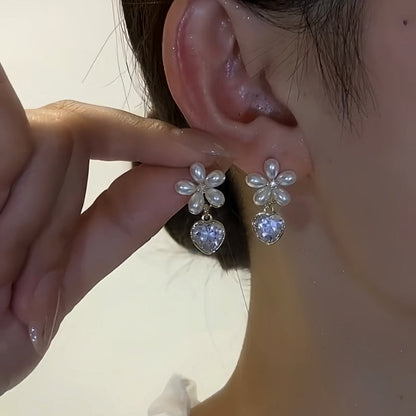 14K Gold-Plated Elegant Flower Crystal Heart Earrings