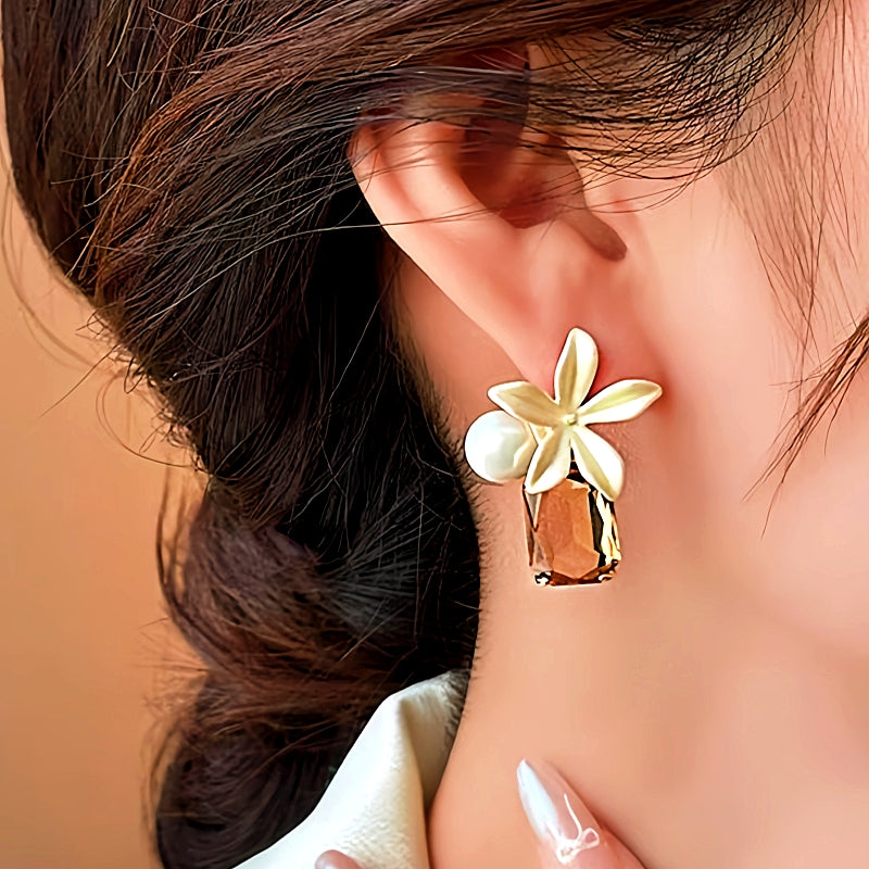 14K Gold-Plated Elegant Flower Pearl Crystal Earrings