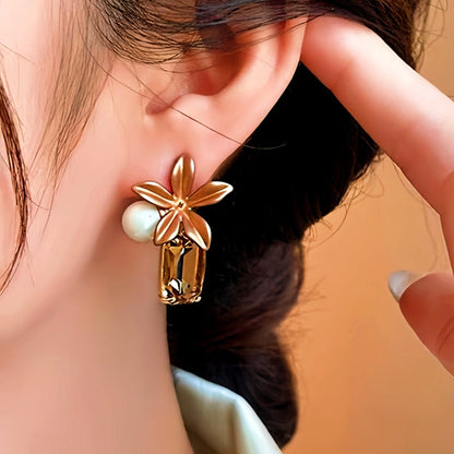 14K Gold-Plated Elegant Flower Pearl Crystal Earrings