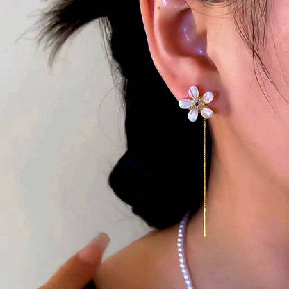 14K Gold-Plated Elegant Flower Tassel Threader Earrings