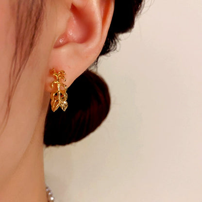 14K Gold-Plated Elegant Metal Leaf C-Shaped Earrings