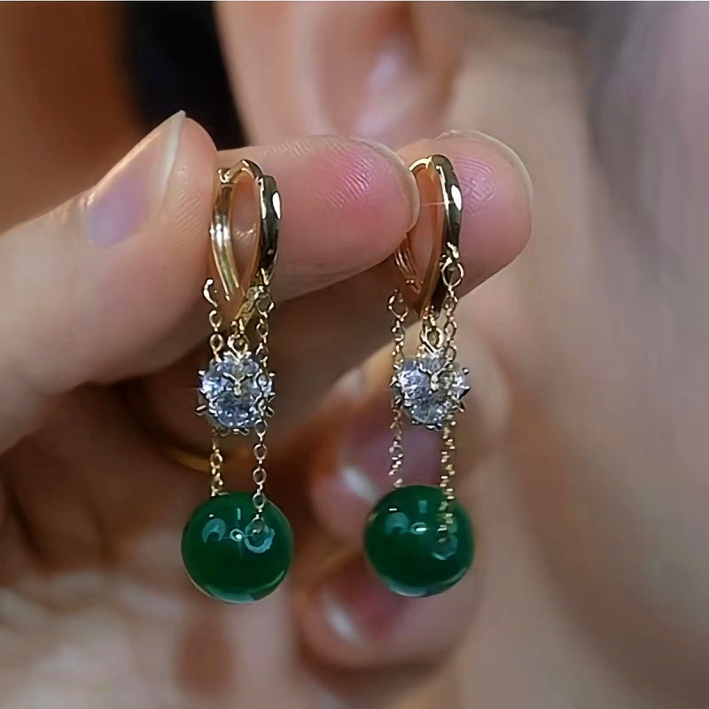 14K Gold-Plated Elegant Green Crystal And Diamond Ball Earrings