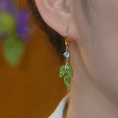 14K Gold-Plated Elegant Green Crystal Leaf Earrings