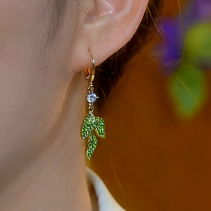 14K Gold-Plated Elegant Green Crystal Leaf Earrings