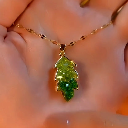 14K Gold-Plated Elegant Green Crystal Leaf Necklaces