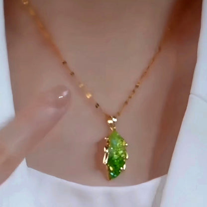 14K Gold-Plated Elegant Green Crystal Leaf Necklaces