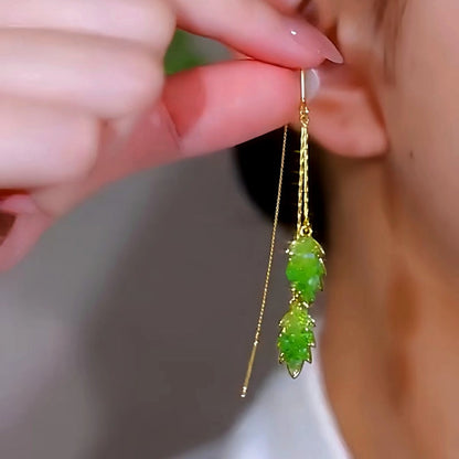 14K Gold-Plated Elegant Green Diamond Leaf Tassel Threader Earrings