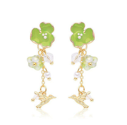 14K Gold-Plated Elegant Green Flower And Bird Earrings