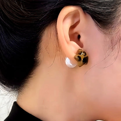 14K Gold-Plated Elegant Leopard Print Five-Pointed Star Pearl Earrings