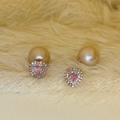 14K Gold-Plated Elegant Pink Diamond Heart Pearl Earrings