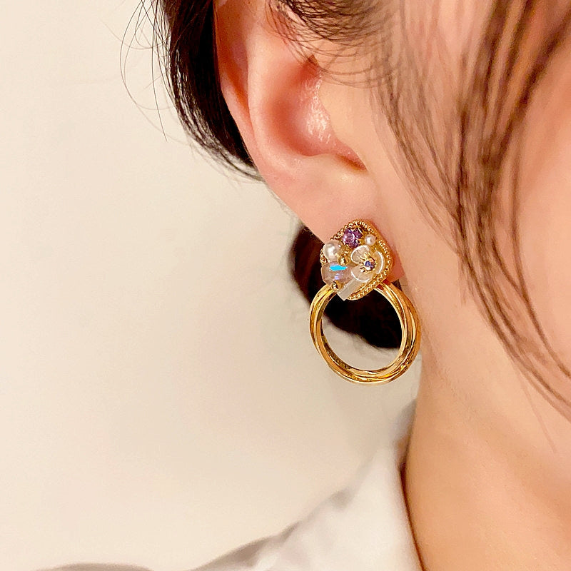 14K Gold-Plated Elegant Purple Diamond Flower Pearl Hoop Earrings
