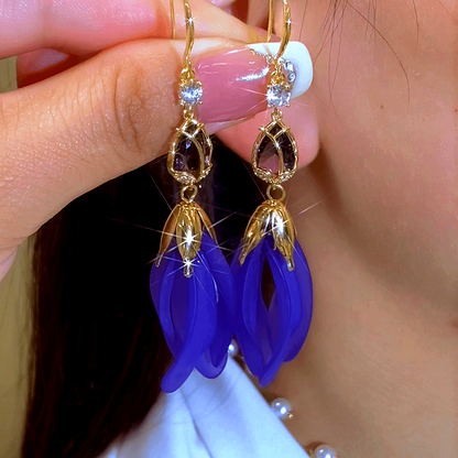 14K Gold-Plated Elegant Purple Tulip Petal Tassel Hook Earrings