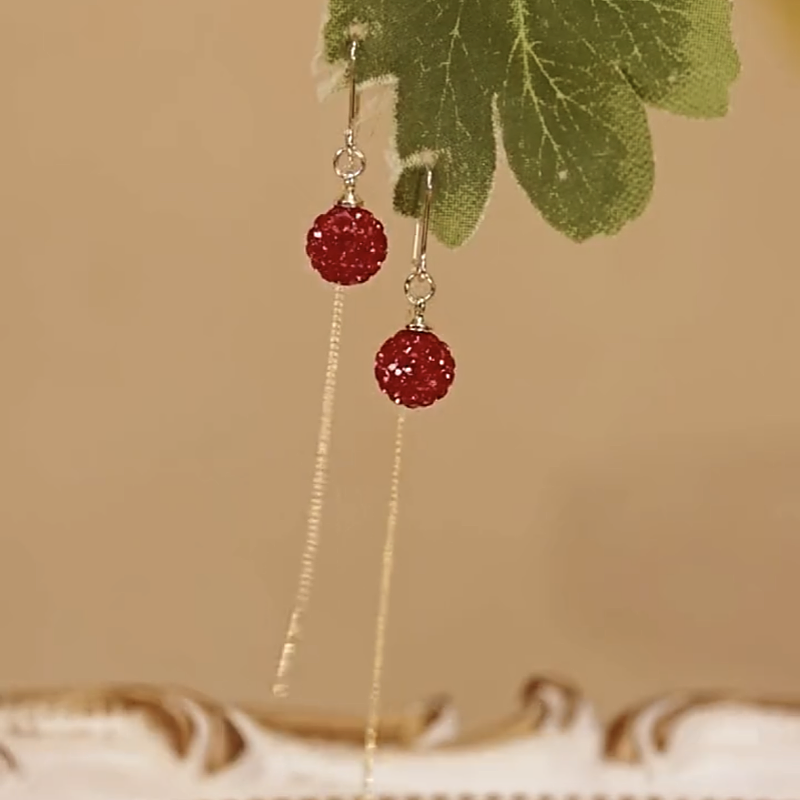 14K Gold-Plated Elegant Red Crystal Ball Threader Earrings