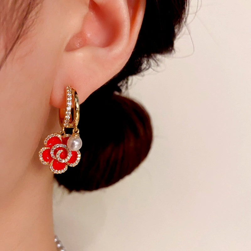 14K Gold-Plated Elegant Red Oil Drop Flower Pearl Earrings
