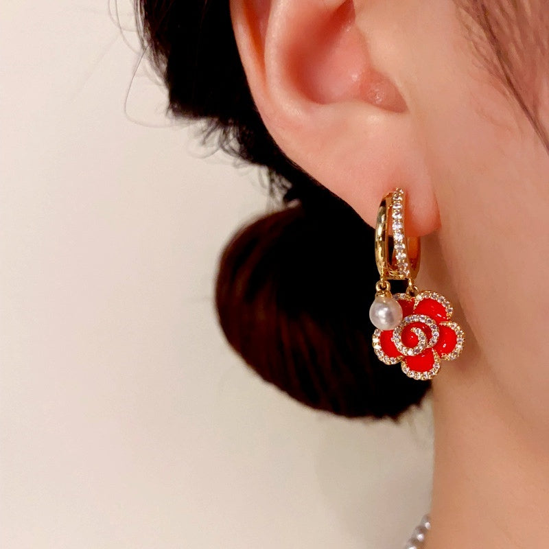 14K Gold-Plated Elegant Red Oil Drop Flower Pearl Earrings