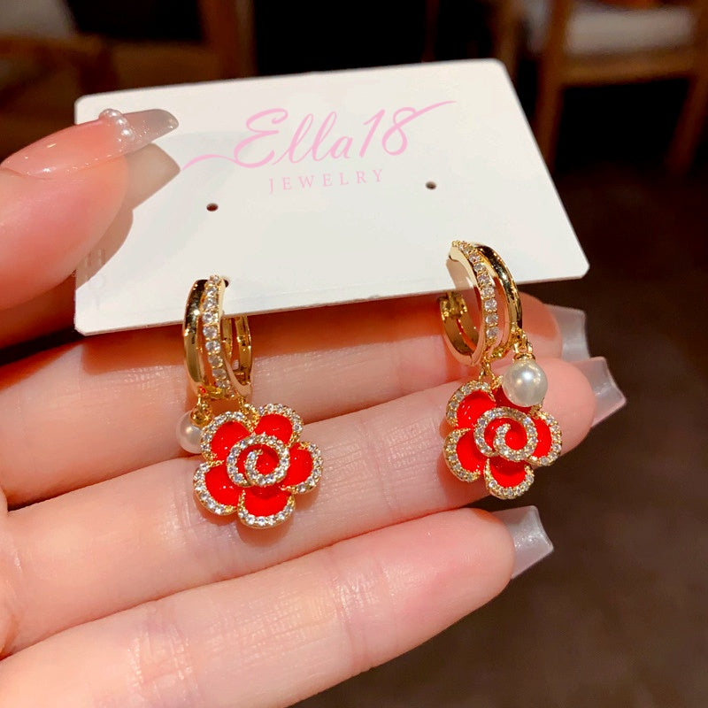 14K Gold-Plated Elegant Red Oil Drop Flower Pearl Earrings