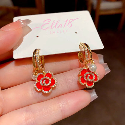 14K Gold-Plated Elegant Red Oil Drop Flower Pearl Earrings