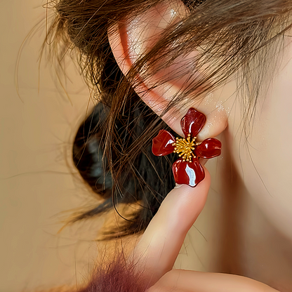 14K Gold-Plated Elegant Red Petal Flower Earrings