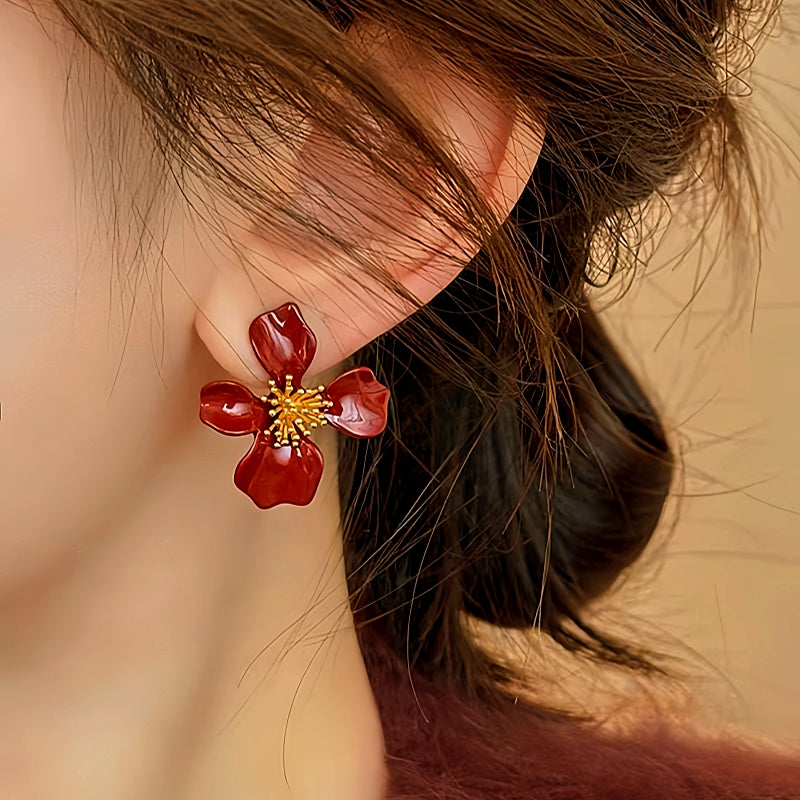 14K Gold-Plated Elegant Red Petal Flower Earrings